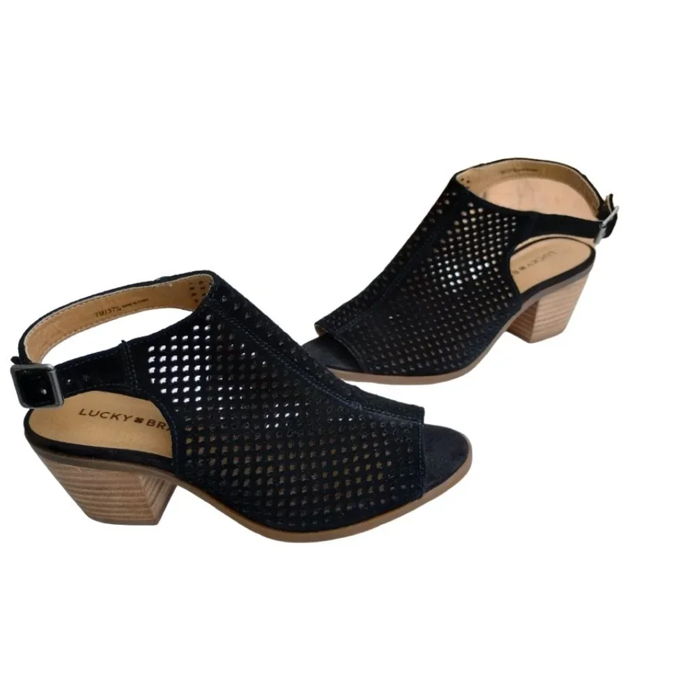 Lucky Brand Bertel Sandal Sling Back Perforated Leather Suede Block Heel Size 7 - Picture 9 of 13